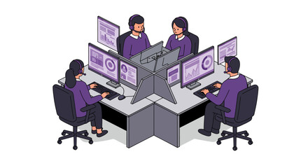 Four Call Center Agents Working at Desks.