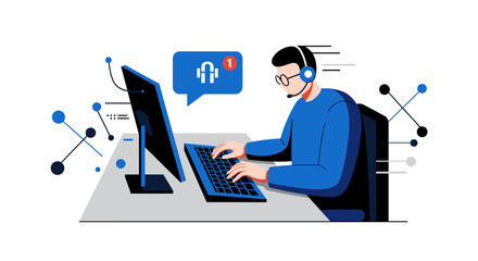 Customer Service Representative Working on Computer with Headset.