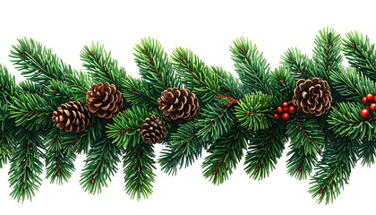 Evergreen garland with cones and red berries on a black background