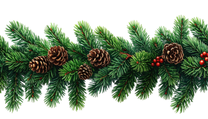 Evergreen garland with cones and red berries on a black background