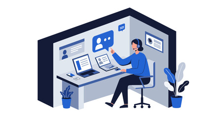 Customer Service Representative Working with Laptop and Headset.