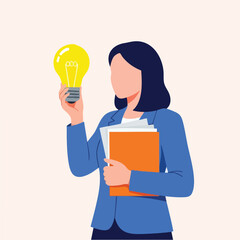Woman holding a lightbulb and notebook representing idea.