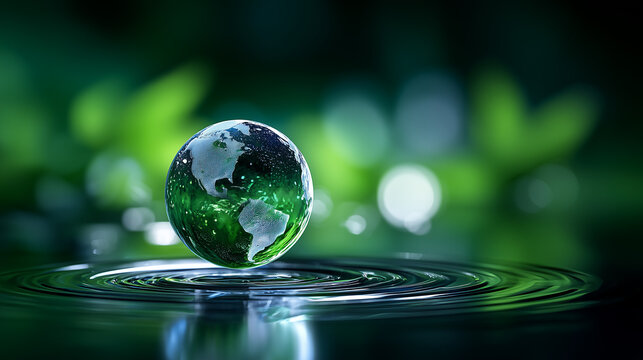 Eco-Friendly Concept with Earth Globe Floating Above Water Ripple on Green Nature Background, Symbolizing Sustainability and Environment
