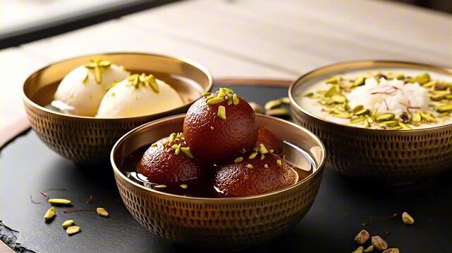 Three bowls of traditional Indian desserts including Gulab Jamun, Rasgulla, and Kheer, garnished with pistachios on a dark platter.