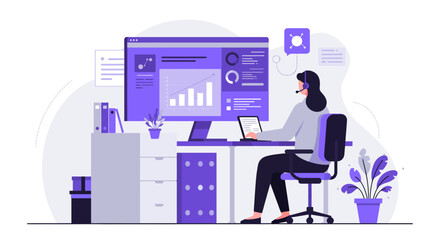 Woman Working at Desk with Computer and Headset.