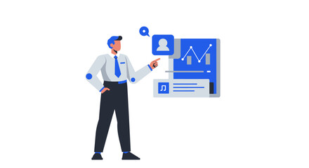 Businessman Presenting Data Analysis on Digital Interface.