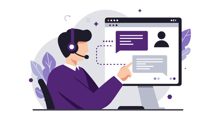 Customer Service Representative with Headset and Computer Screen.