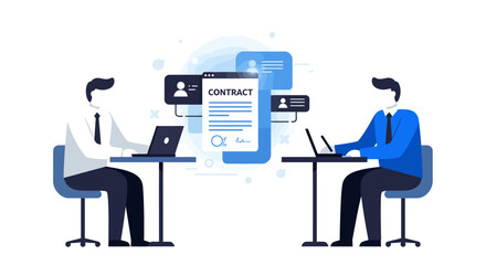 Business Professionals Reviewing Contract on Laptops Signing Agreement.