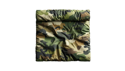 Padded camouflage fabric rectangular bag on black backdrop