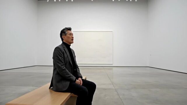 Reflective moment in minimalist art gallery with contemplative visitor on wooden bench
