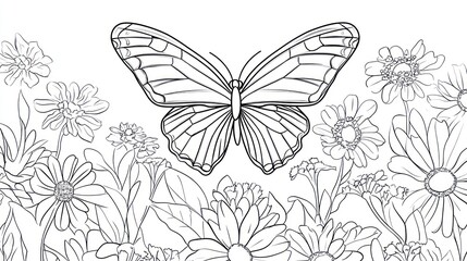 Butterfly with outlined flowers, coloring page, background is white. For children