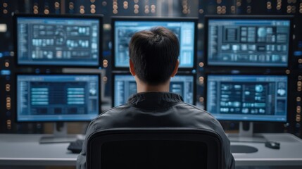 Focused Man Engaged in High-Tech Hacking Activity Surrounding Multiple Monitors in a Modern Cybersecurity Environment
