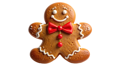 Festive gingerbread man with red bow tie on a black background
