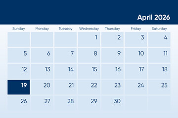 19 April 2026 calendar day design. It shows 2026 April 19 date calendar page