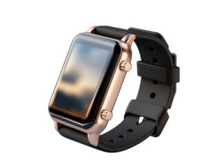 A premium smartwatch shown at a three-quarter side angle, featuring a black strap and polished metallic casing, realistic lighting on glass display, soft shadow and  template for designers