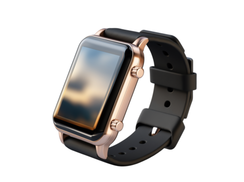 A premium smartwatch shown at a three-quarter side angle, featuring a black strap and polished metallic casing, realistic lighting on glass display, soft shadow and  template for designers