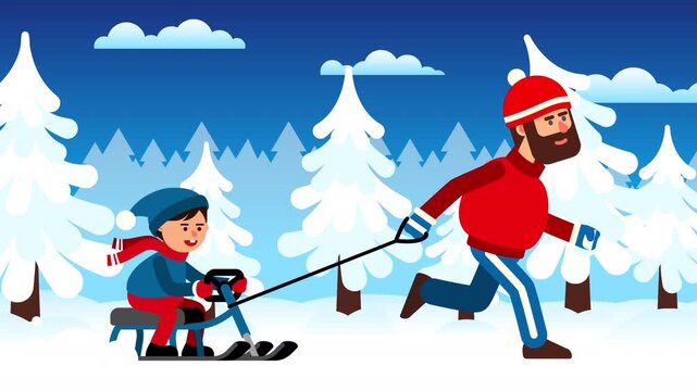 Happy father pulling his smiling son, who is sitting on a snow sled, snow bike, through a snowy forest. Family activity, winter holidays, and bonding time outdoors. Dynamic looping cartoon animation.