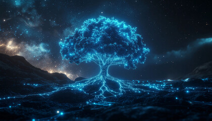 Digital transformation tree made of glowing network lines and data leaves, AI roots connecting deep into cyberspace
