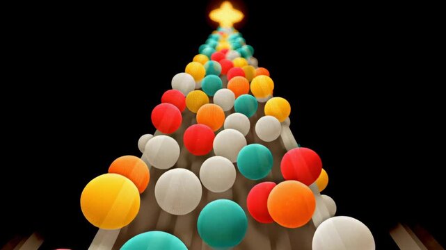 Colorful spheres cascading in a vibrant pattern, creating a dynamic visual flow, as the camera performs a smooth dolly movement towards the glowing star at the top, enhancing the scene's depth and ene