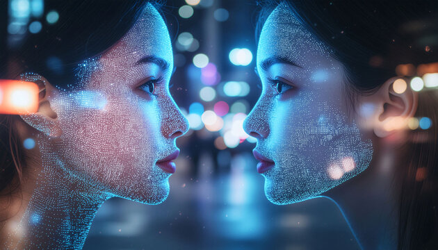 Stunning digital portraits of women's faces with glowing futuristic patterns, symbolizing AI, technology, and interconnectedness in a vibrant cityscape - Powered by Adobe