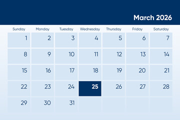 25 March 2026 calendar day design. It shows 2026 March 25 date calendar page