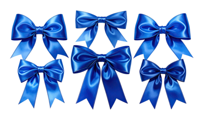 Six satiny blue bows, arranged in loose grid against black