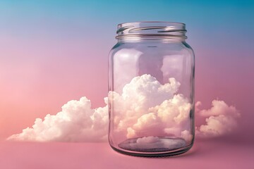 Captured dreams float within a glass jar against a surreal pastel sky, symbolizing aspiration and imagination.