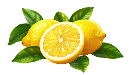 Three lemons, one halved, surrounded by lush green leaves