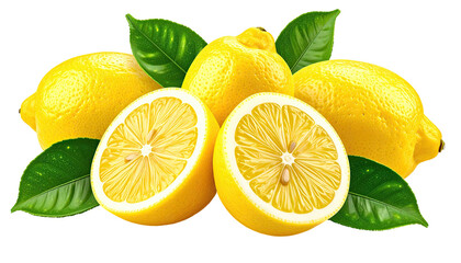 Sliced and whole yellow lemons, accented with green leaves