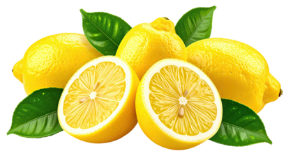 Sliced and whole yellow lemons, accented with green leaves