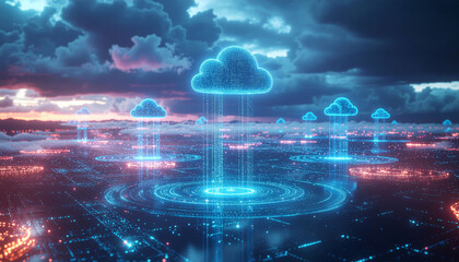 Modern cloud computing network visualization with vibrant data streams against dramatic sky, perfect for tech innovation and digital transformation projects