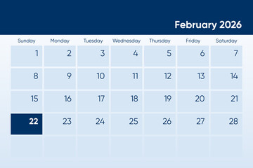 22 February 2026 calendar day design. It shows 2026 February 22 date calendar page
