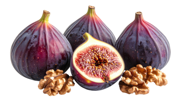 Figs and walnuts, dark fruit, one halved, against black background