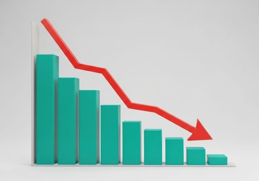 Financial downturn declining bar chart with red arrow symbolizing loss and decrease