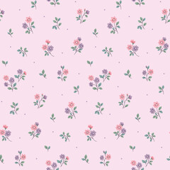 Seamless floral pattern, liberty ditsy print of mini spring plants in vintage motif. Romantic botanical design, small hand-drawn flowers, tiny leaves, simple twigs on light field. Vector illustration.