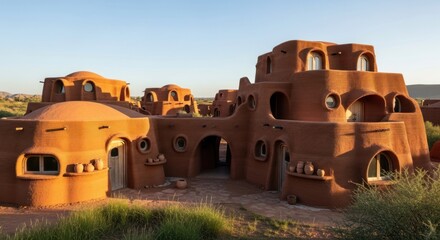 A large, multi-story, earth-baked, adobe-style building with a corrugated roof and circular windows, set against a clear blue sky with scattered clouds.