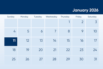 11 January 2026 calendar day design. It shows 2026 January 11 date calendar page