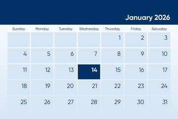 14 January 2026 calendar day design. It shows 2026 January 14 date calendar page