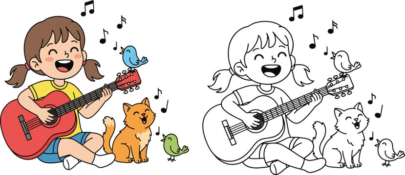 Title: Joyful Girl Playing Guitar with Pet Cat and Birds - A Whimsical Musical Moment