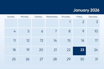 23 January 2026 calendar day design. It shows 2026 January 23 date calendar page