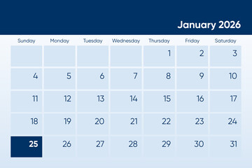 25 January 2026 calendar day design. It shows 2026 January 25 date calendar page
