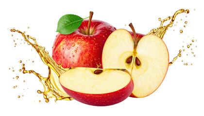 Red apples, slice & half, with splashing liquid on a black background