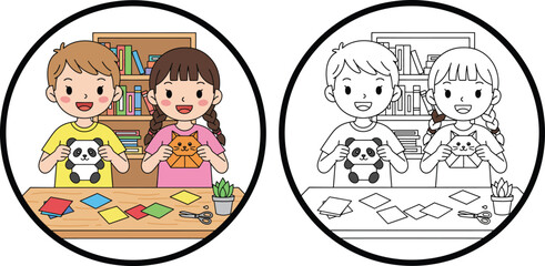 Fototapeta premium Happy Kids Displaying Their Origami Panda and Cat: Children Enjoying Creative Paper Crafts and Animal Themes