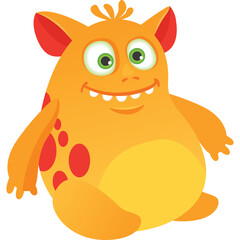 Orange cartoon monster with red spots green eyes and yellow belly sitting happily isolated on white background with large smile and pointed ears
