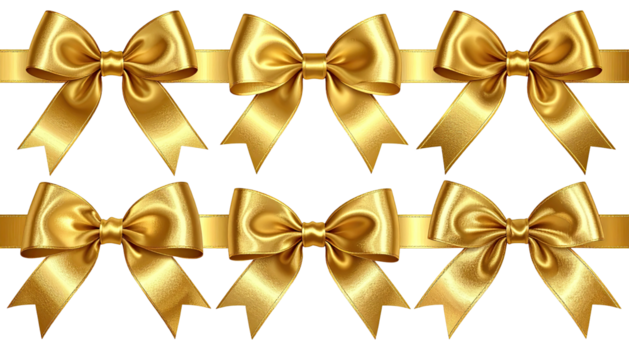 Six satin, golden bows adorn horizontal bands on black background