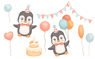 Penguin in party hat with balloons. Cute animal isolated on white background. Childish watercolor illustrations set with festive cake for Birthday card design.