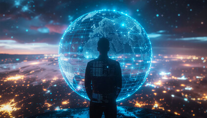 Visionary strategist gazing at glowing digital globe, symbolizing global connection and future technology innovations in a futuristic cityscape.