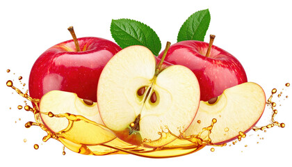 Sliced, whole red apples sit in an amber-colored liquid splash