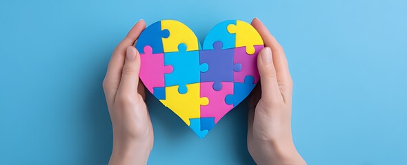 Hands gently holding a colorful puzzle heart symbolizing autism awareness
