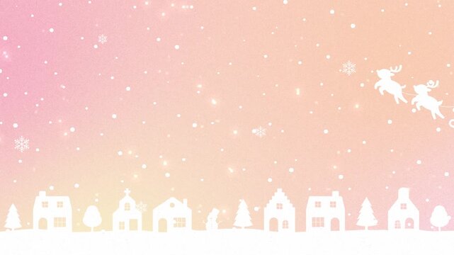 Christmas background with houses, santa claus and reindeer flying in snow animation